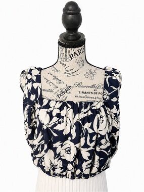 A New Day Navy Cream Floral Square Neck Top Medium